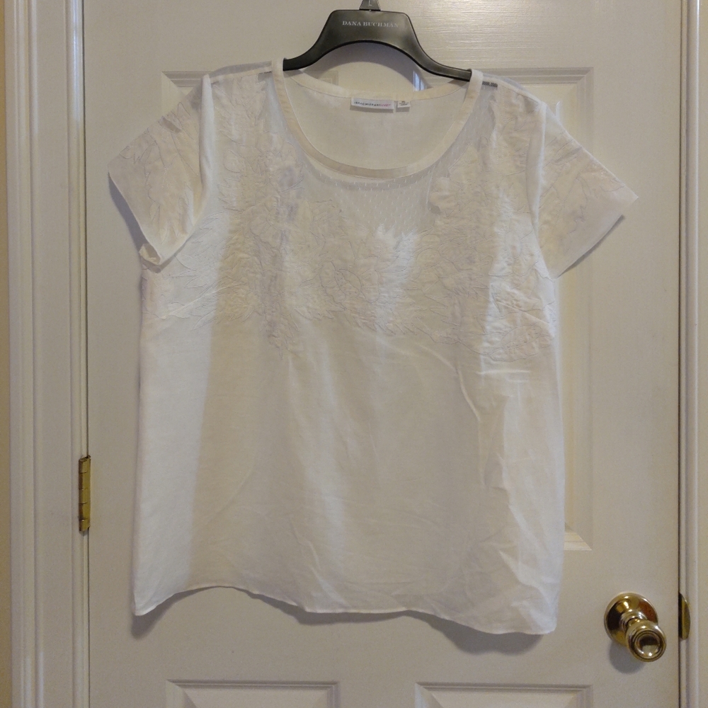 Isaac Mizrahi Women's White Linen Embellished Cap Sleeve Shirt  Blouse Size XL